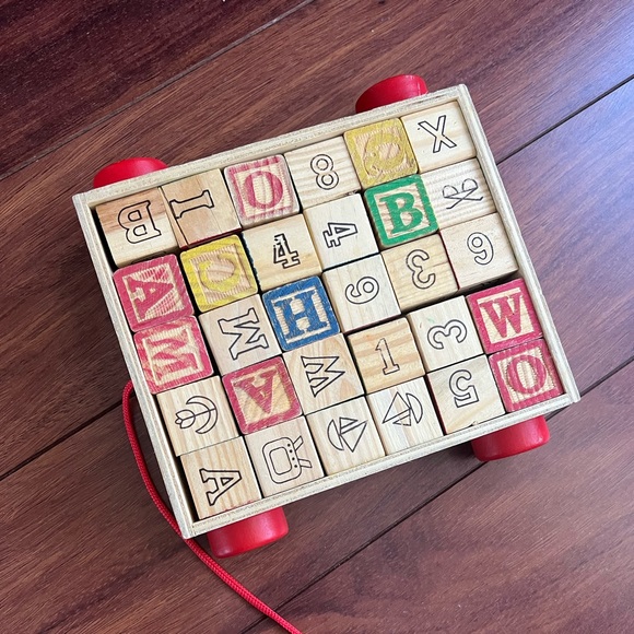 Vintage wooden baby blocks primary colors numbers letters objects pull along bin - Picture 3 of 7
